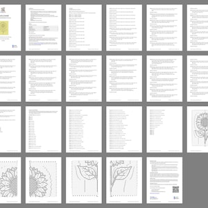 Puede incluir: Un documento de patr&oacute;n digital de varias p&aacute;ginas titulado Sunflower, que presenta instrucciones escritas detalladas, conteo de puntos por fila y un gr&aacute;fico de cuadr&iacute;cula en blanco y negro para un dise&ntilde;o de girasol en papel blanco.