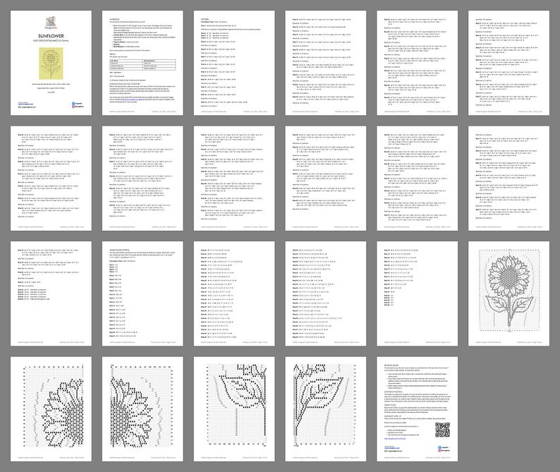 Puede incluir: Un documento de patr&oacute;n digital de varias p&aacute;ginas titulado Sunflower, que presenta instrucciones escritas detalladas, conteo de puntos por fila y un gr&aacute;fico de cuadr&iacute;cula en blanco y negro para un dise&ntilde;o de girasol en papel blanco.