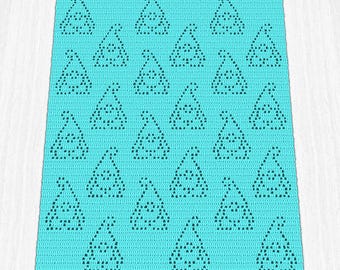 May include: A turquoise crochet blanket featuring a repeating pattern of openwork triangles. Each triangle has a detailed, open center. The blanket is made of a soft, textured yarn, and the design is evenly spaced across the surface.