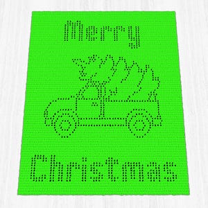 May include: A bright lime green crochet blanket featuring a dark green pixelated design of a pickup truck carrying a Christmas tree. The word Merry is stitched above the truck and the word Christmas is stitched below the truck in dark green.