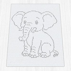 May include: A white rectangular crochet blanket featuring a centred graphic of a seated elephant created with black stitches. The elephant design includes large ears, a trunk, and a small tail, all rendered in a simple, repeating stitch pattern.