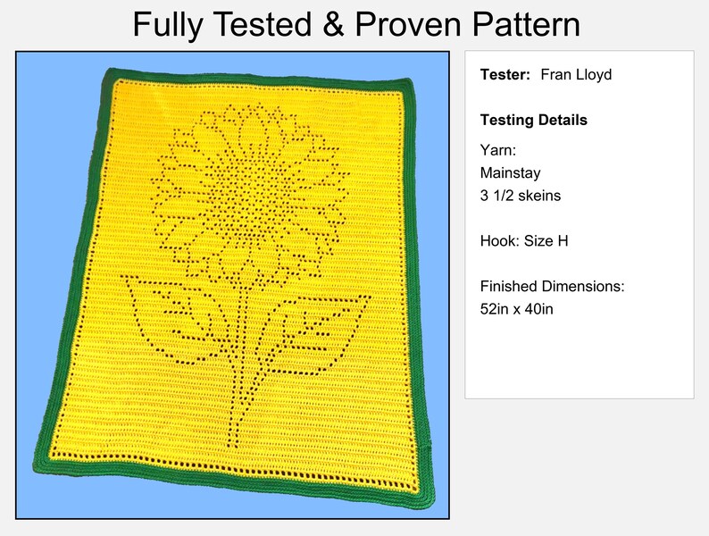 Puede incluir: Una manta rectangular de ganchillo amarilla con un borde verde oscuro y un dise&ntilde;o central de girasol creado con puntos calados. El texto dice Fully Tested & Proven Pattern, Tester: Fran Lloyd, Testing Details, Yarn: Mainstay 3 1/2 skeins, Hook: Size H, Finished Dimensions: 52in x 40in.