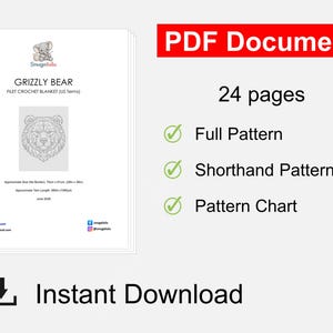 Pode incluir: Um documento PDF de 24 p&aacute;ginas para um padr&atilde;o de manta de croch&ecirc; filet Grizzly Bear. O documento inclui um padr&atilde;o completo, um padr&atilde;o abreviado e um gr&aacute;fico. Indica um tamanho aproximado de 71cm x 91cm e 992m de fio. Download instant&acirc;neo.