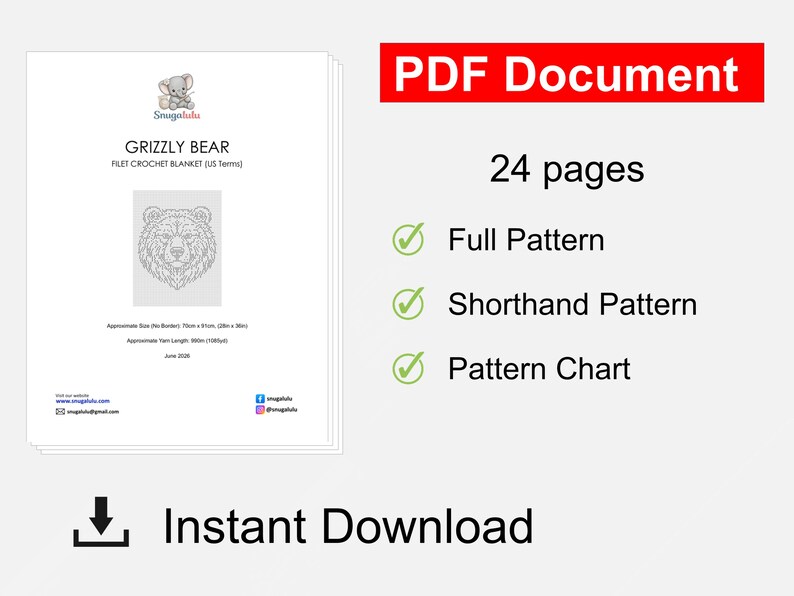 Pode incluir: Um documento PDF de 24 p&aacute;ginas para um padr&atilde;o de manta de croch&ecirc; filet Grizzly Bear. O documento inclui um padr&atilde;o completo, um padr&atilde;o abreviado e um gr&aacute;fico. Indica um tamanho aproximado de 71cm x 91cm e 992m de fio. Download instant&acirc;neo.
