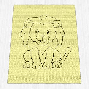 Può includere: Un disegno di leone all'uncinetto su sfondo giallo. Il leone è delineato in nero, con dettagli tra cui una criniera, un viso e un corpo. Il lavoro all'uncinetto è visibile, creando un aspetto strutturato. Il disegno è centrato su un pezzo rettangolare.