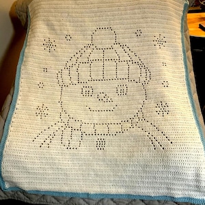 Puede incluir: Una manta rectangular de ganchillo blanca con un diseño central de muñeco de nieve creado con puntos calados. El muñeco de nieve lleva un gorro y una bufanda, rodeado de pequeños motivos de copos de nieve. Borde de color azul claro.