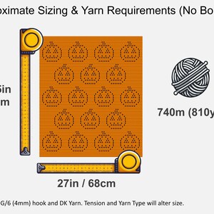 May include: An orange square with pumpkin designs, measuring 32.5 inches by 27 inches, is shown with a measuring tape. A ball of yarn is also displayed, with a yarn requirement of 740 meters. The text reads "Approximate Sizing & Yarn Requirements (No Border)".