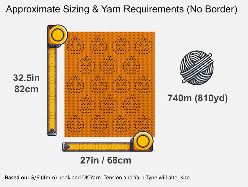 May include: An orange square with pumpkin designs, measuring 32.5 inches by 27 inches, is shown with a measuring tape. A ball of yarn is also displayed, with a yarn requirement of 740 meters. The text reads "Approximate Sizing & Yarn Requirements (No Border)".