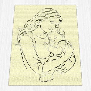 May include: A rectangular cream-colored crochet blanket featuring a black dotted line art design of a figure holding a small child. The pattern is created using individual stitches that form the silhouette of two people in a close embrace.