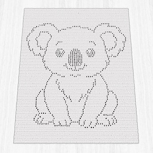 May include: A white crocheted blanket featuring a black outline of a koala bear. The koala is sitting upright with large ears, a round nose, and small eyes. The blanket has a textured appearance, with the koala design created using small, evenly spaced stitches.