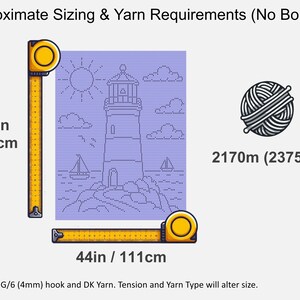May include: A purple graphic showing a lighthouse, sun, clouds, and sailboats. Yellow measuring tapes indicate dimensions of 58in by 44in. A ball of yarn icon is labeled 2375yd. Text reads: Approximate Sizing & Yarn Requirements (No Border).