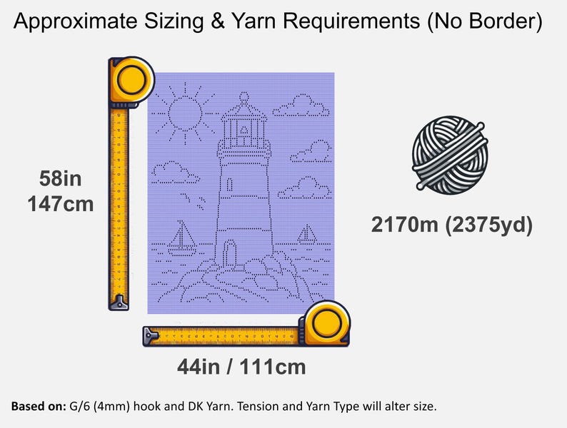 May include: A purple graphic showing a lighthouse, sun, clouds, and sailboats. Yellow measuring tapes indicate dimensions of 58in by 44in. A ball of yarn icon is labeled 2375yd. Text reads: Approximate Sizing & Yarn Requirements (No Border).