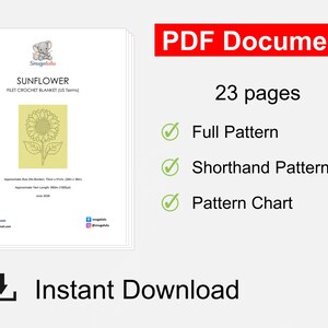 Puede incluir: Un documento PDF de 23 p&aacute;ginas para un patr&oacute;n de manta de ganchillo filet de girasol. La portada presenta una ilustraci&oacute;n de girasol amarillo, el texto 'SUNFLOWER FILET CROCHET BLANKET (US Terms)' y detalles de 71cm x 91cm y 988m de hilo.