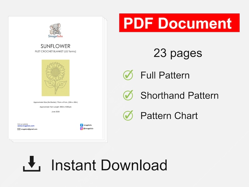 Puede incluir: Un documento PDF de 23 p&aacute;ginas para un patr&oacute;n de manta de ganchillo filet de girasol. La portada presenta una ilustraci&oacute;n de girasol amarillo, el texto 'SUNFLOWER FILET CROCHET BLANKET (US Terms)' y detalles de 71cm x 91cm y 988m de hilo.