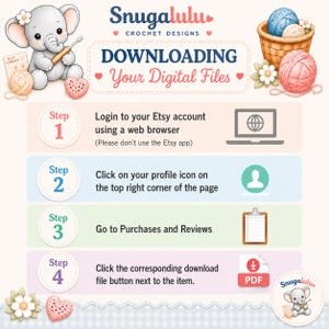 Pode incluir: Um gr&aacute;fico instrutivo intitulado DOWNLOADING Your Digital Files da Snugalulu Crochet Designs. Apresenta um elefante de desenho animado, cestos de fios e quatro passos numerados com &iacute;cones que explicam como baixar arquivos de uma conta.