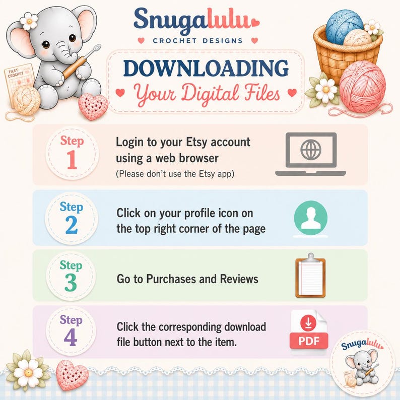 Pode incluir: Um gr&aacute;fico instrutivo intitulado DOWNLOADING Your Digital Files da Snugalulu Crochet Designs. Apresenta um elefante de desenho animado, cestos de fios e quatro passos numerados com &iacute;cones que explicam como baixar arquivos de uma conta.