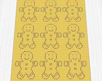 May include: A yellow crocheted blanket featuring a repeating pattern of gingerbread man figures. The gingerbread men are outlined with dark brown stitches, and the blanket has a textured appearance.