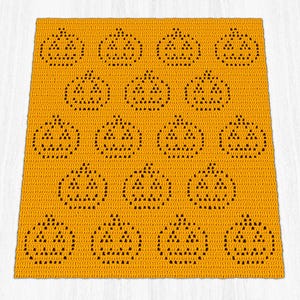 May include: An orange crocheted blanket featuring a repeating pattern of jack-o'-lantern faces. The pumpkins are outlined in black, with triangular eyes and noses, and a smiling mouth. The blanket is a square shape.