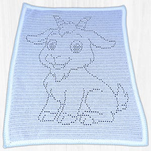 May include: A light blue crocheted baby blanket featuring a detailed outline of a goat. The blanket has a white border and the goat design is created with open spaces in the crochet pattern. The word "Baby" is also crocheted into the design.