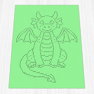 May include: A rectangular crochet blanket in a bright lime green color featuring a dark green dragon motif created with a pixelated stitch pattern. The dragon is centered, displaying wings, a long tail, and a detailed face with small eyes.
