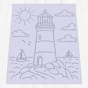 May include: A light purple crochet blanket featuring a dark purple dotted pattern of a central lighthouse on a rocky shore, surrounded by a sun, clouds, birds, and two sailboats on the water, creating a detailed nautical scene in textile.