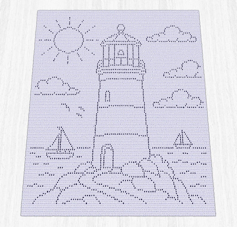 May include: A light purple crochet blanket featuring a dark purple dotted pattern of a central lighthouse on a rocky shore, surrounded by a sun, clouds, birds, and two sailboats on the water, creating a detailed nautical scene in textile.
