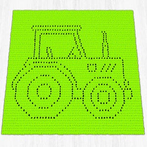 Op de afbeelding: Een vierkante, fel limoengroene gehaakte deken met een donkergroen tractormotief gemaakt met een gestructureerd steekpatroon. Het tractorontwerp is gecentreerd op de deken en toont een grote cabine, twee wielen en een uitlaatpijp.