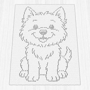 May include: A rectangular white crochet blanket featuring a black pixelated graphic of a sitting puppy. The design is created using individual stitches to form the outline of the dog, including pointed ears, a smiling face, and a fluffy tail.