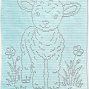 May include: A light blue rectangular crochet blanket featuring a filet crochet pattern that depicts a central lamb figure surrounded by small floral motifs. The design is created through a series of open stitches against a solid background.