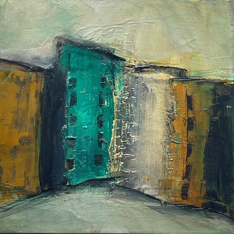 ORIGINAL FLOAT MOUNTED Abstract Cityscape Mounted on Canvas Panel ...