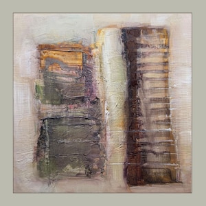 May include: Abstract oil painting with a neutral color palette. The artwork features textured brushstrokes in shades of brown, beige, and green, creating a layered effect. The composition includes vertical and rectangular shapes, with a central, lighter-toned element.