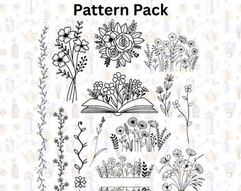 Könnte beinhalten: Eine Sammlung von schwarz-weißen floralen Stickmustern. Das Bild zeigt verschiedene Blumenarrangements, Sträuße und Bordüren. Der Text oben lautet "STICK AND STITCH" und "Embroidery Floral Pattern Pack".
