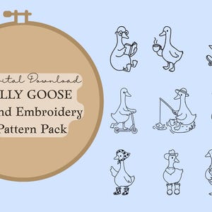 Peut inclure: Pack de patrons de broderie à la main téléchargeable numériquement, avec des illustrations fantaisistes d'oies amusantes. Les oies sont représentées dans diverses activités, comme la lecture, le skateboard et la pêche. Le texte "SILLY GOOSE Hand Embroidery Pattern Pack" est affiché.