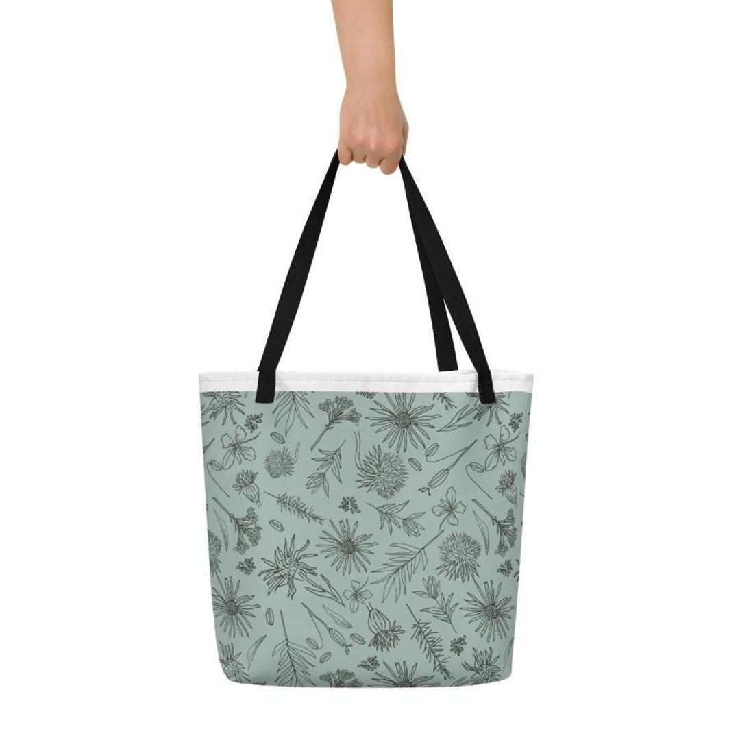 Canvas Tote With Beautiful Stems and Twigs Pattern in Blue. Hand Drawn ...