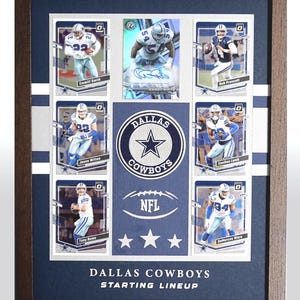 Peut inclure: Un collage encadré de cartes de football des Dallas Cowboys mettant en vedette des joueurs comme Emmitt Smith, Tony Romo et DeMarcus Ware. Le collage comprend le logo des Dallas Cowboys et les mots "Dallas Cowboys Starting Lineup".
