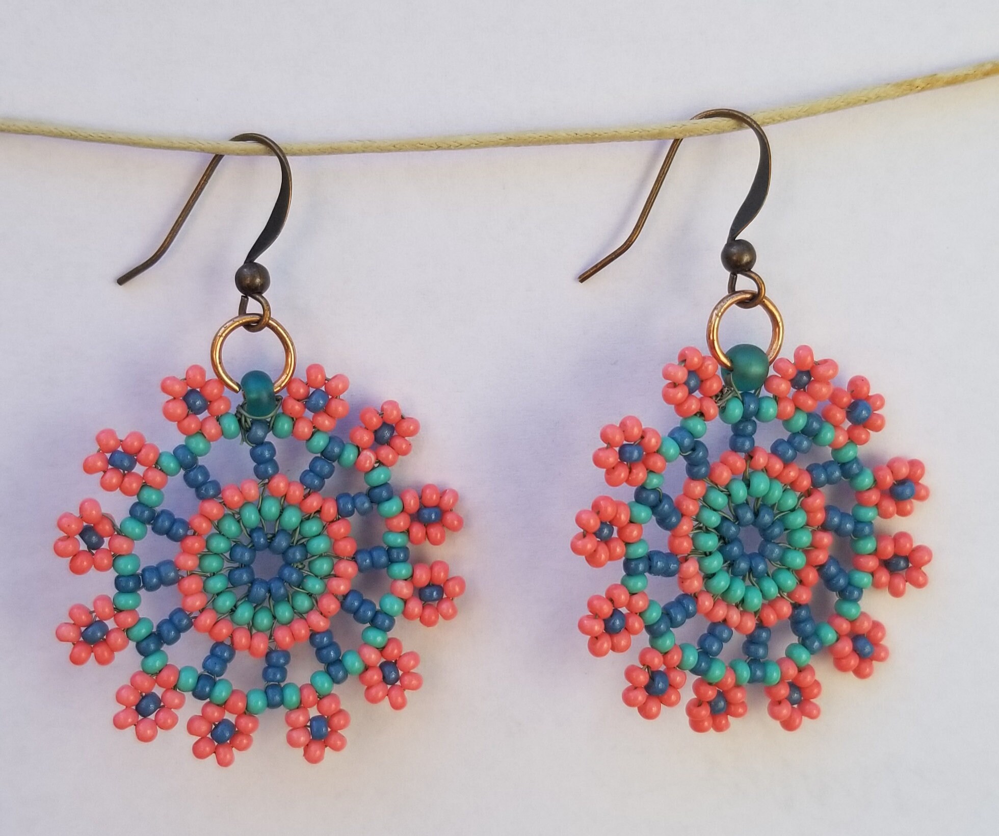 Coral and Teal Sun Burst Seed Bead Floral Mandala Earring Set - Etsy