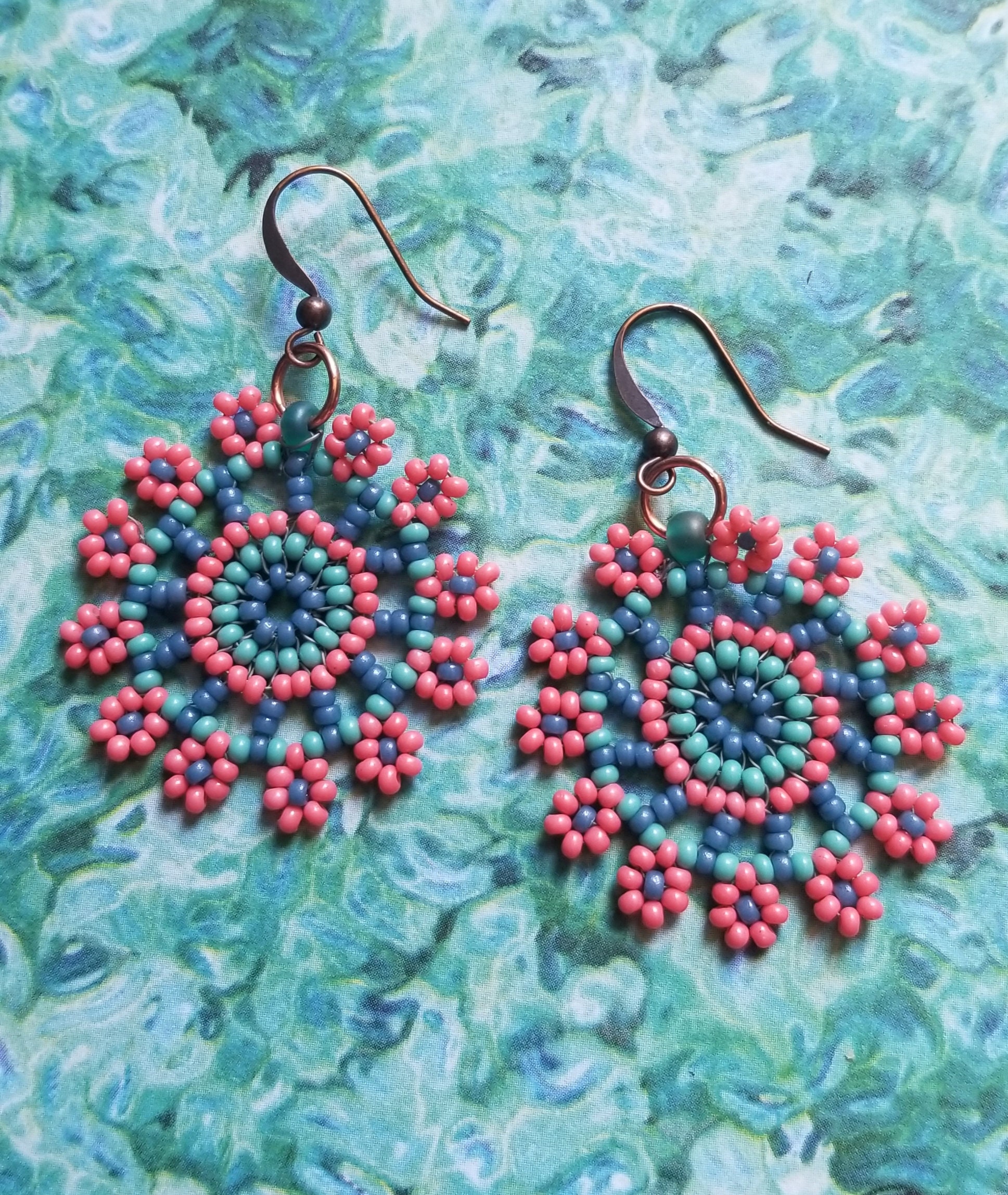 Coral and Teal Sun Burst Seed Bead Floral Mandala Earring Set | Etsy