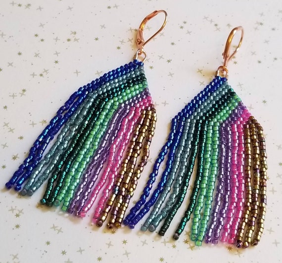 Fringe Rainbow Ruffle Miyuki Seed Bead Tassel Earring Set - Etsy