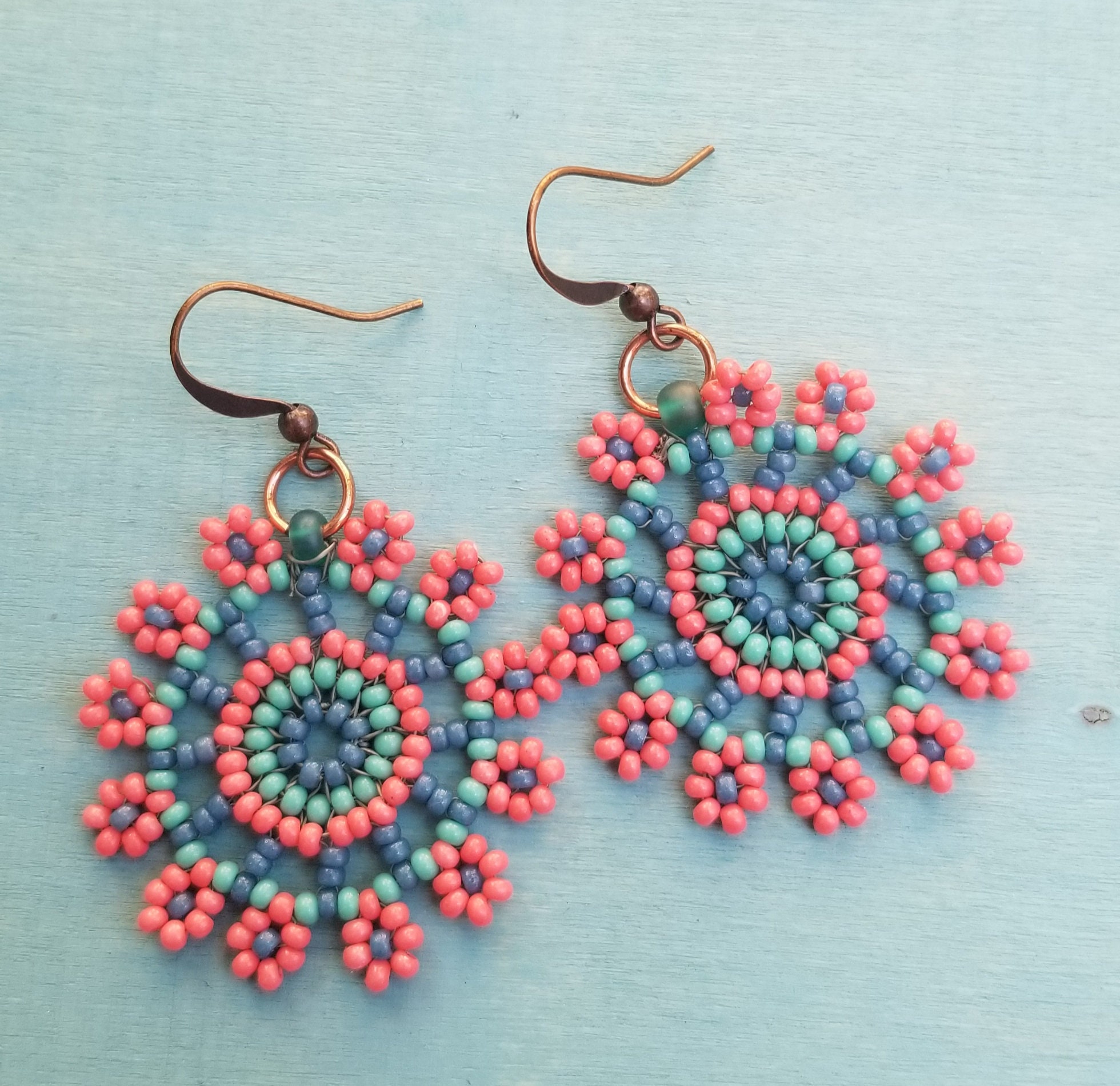 Coral and Teal Sun Burst Seed Bead Floral Mandala Earring Set | Etsy