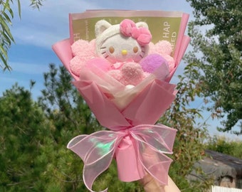 Sanrio Delight: Hello Kitty & Kuromi Bouquet - Crochet Flowers, Plush Animals - Perfect Birthday Gift!