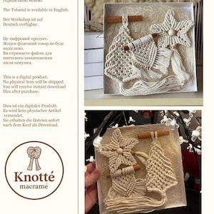 Könnte beinhalten: Ein digitales Produkt für eine Makramee-Anleitung mit drei cremeweißen Ornamenten: einem Stern, einem Baum und einem kleinen Wandbehang, jeweils mit einer Zimtstange verziert. Der Text enthält "Майстер-клас з макраме: набір із 3 ялинкових прикрас", "UA/EN/DE", "Step-by-step PDF + Video lesson" und "Knotté macramé".