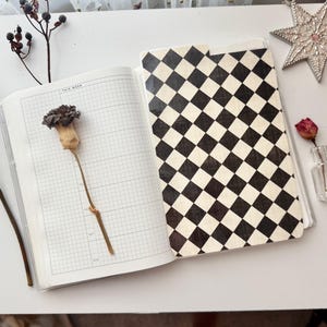 May include: An open planner with a grid layout on the left page and a black and white diamond pattern on the right page. A dried flower rests on the grid, accompanied by a silver star ornament and two additional dried flowers nearby.