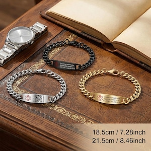 Pulseira de identificação médica personalizada em aço inoxidável à prova d'água, com código QR para informações médicas. Pulseira médica masculina com QR Code.
