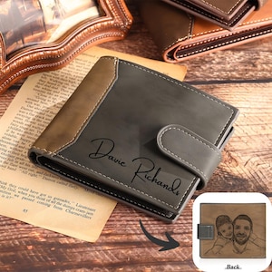 Billetera con foto grabada, Billetera con foto y texto en la parte delantera y trasera, Billetera con monograma, Billetera de cuero para hombre, Billetera delgada, Billetera plegable, Billetera personalizada, Billetera para hombre