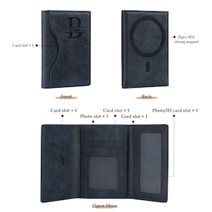May include: A blue leather wallet with a photo ID slot, card slots, and a magnetic closure. The wallet is closed and the front features the name "Brian" engraved in the leather. The back of the wallet has a circle design.