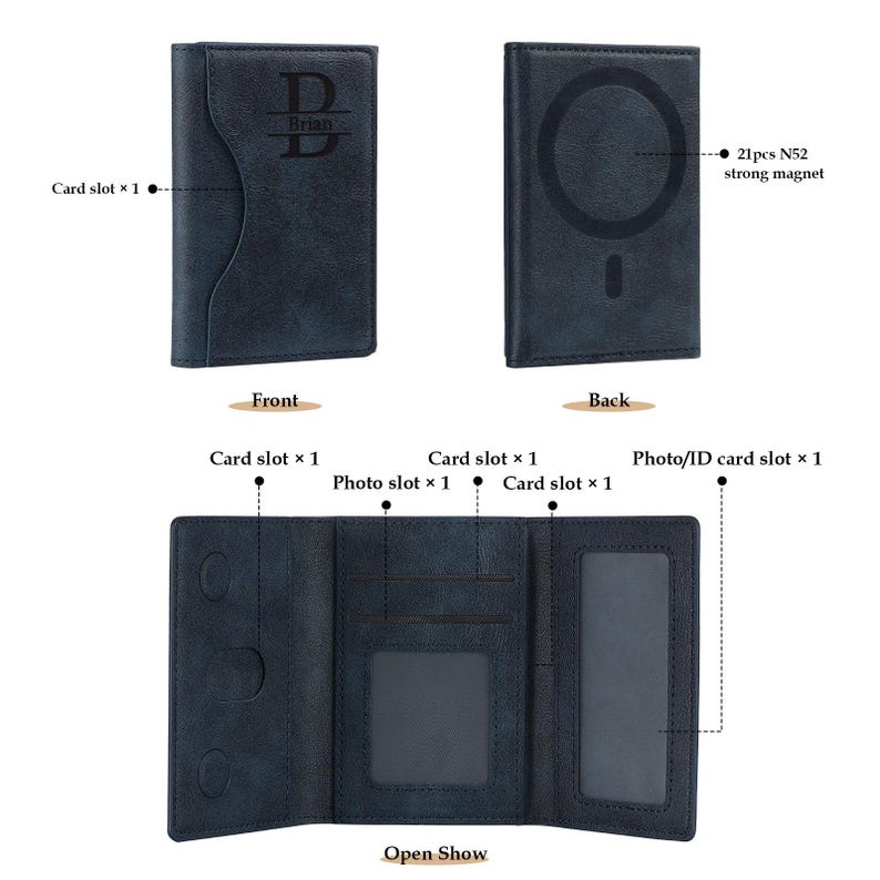 May include: A blue leather wallet with a photo ID slot, card slots, and a magnetic closure. The wallet is closed and the front features the name "Brian" engraved in the leather. The back of the wallet has a circle design.