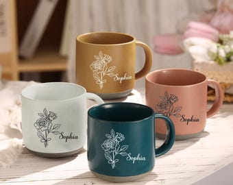 Birth Flower Ceramic Mug: Personalized Name Coffee Cup, Handmade