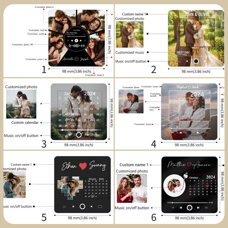 K&ouml;nnte beinhalten: Sechs verschiedene Designs f&uuml;r einen personalisierten Fotorahmen mit integriertem Musikplayer. Jeder Rahmen verf&uuml;gt &uuml;ber einen Kalender, eine Fotocollage und einen individuellen Namen. Die Rahmen sind 98 mm gro&szlig;.
