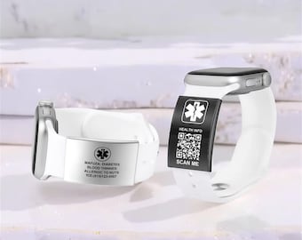ウォッチバンド用アラートIDタグ、刻印入りApple Watch安全プレート、カスタム緊急ID安全タグ、iWatchバンド用QRコード医療アラート