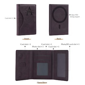 May include: A brown leather wallet with a magnetic closure. The front of the wallet has a personalized initial and the back has a built-in wireless charging pad. The wallet opens to reveal multiple card slots, a photo slot, and an ID card slot.